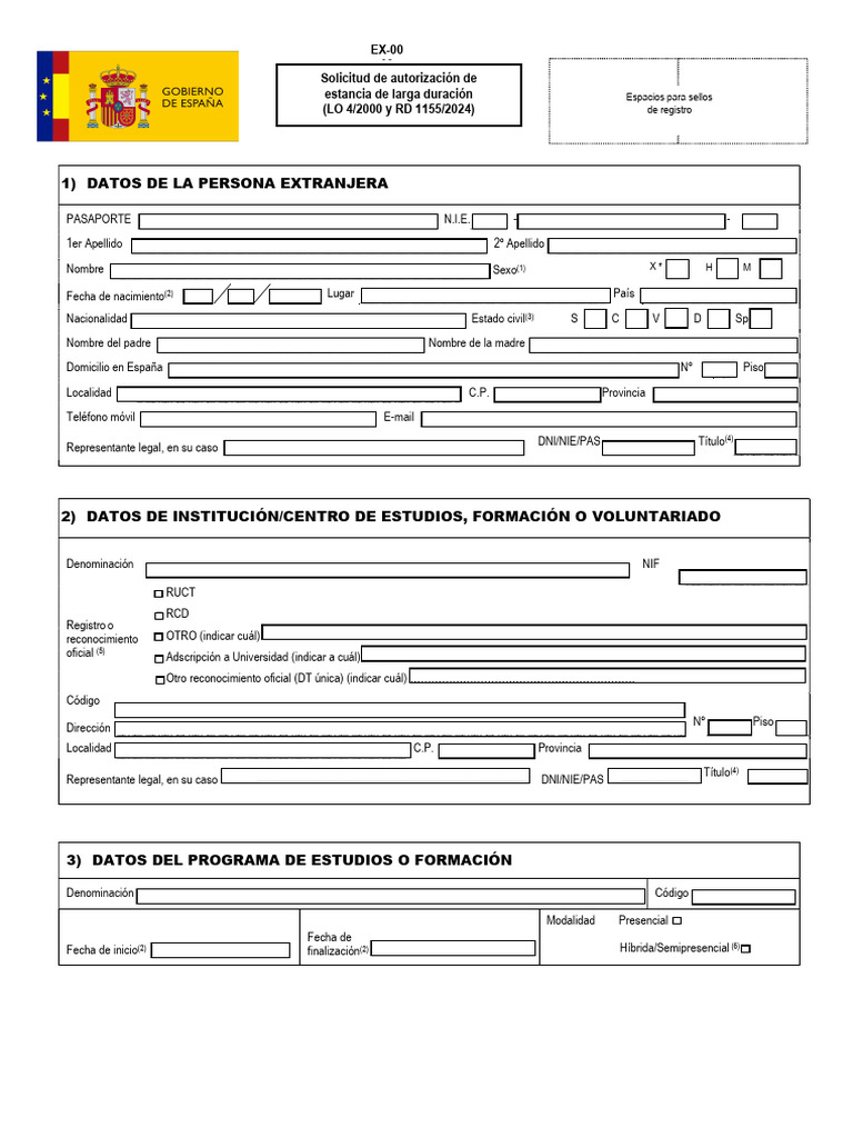 Solicitud de Estancia Larga Duración EX-00 | PDF