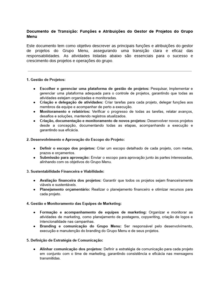 Funções do Gestor de Projetos Menu | PDF | Marketing | Comunicação