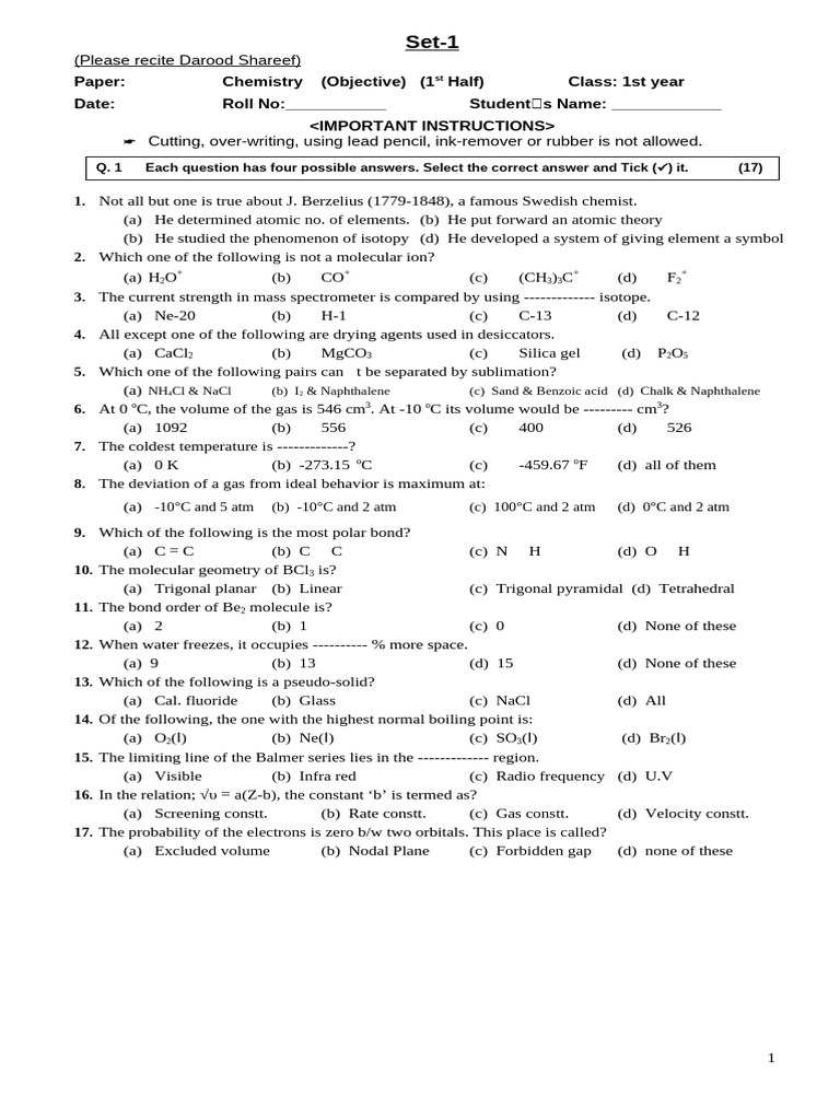 Chemistry Objective & Subjective Paper 1st Year | PDF | Molecules ...