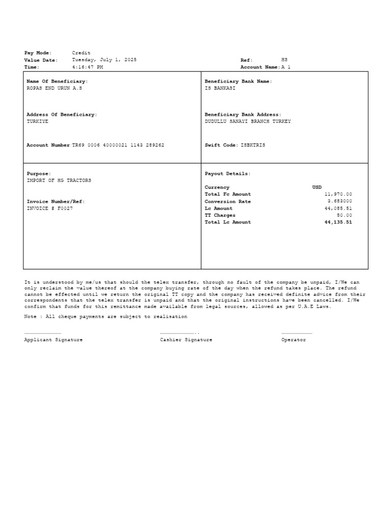 Telex Transfer Payment Details | PDF