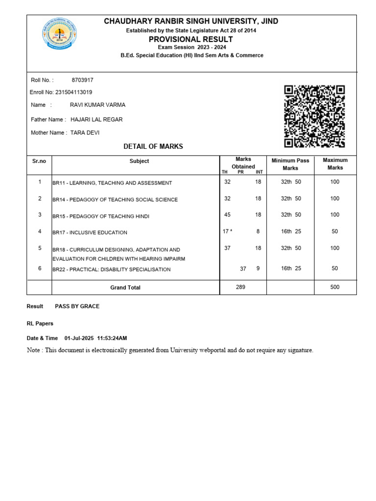 Provisional Marksheet | PDF