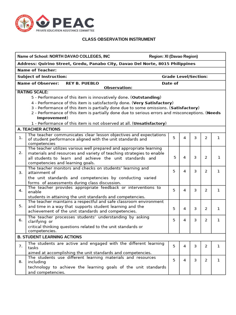 Class Observation Instrument for Teachers | PDF | Teachers | Learning