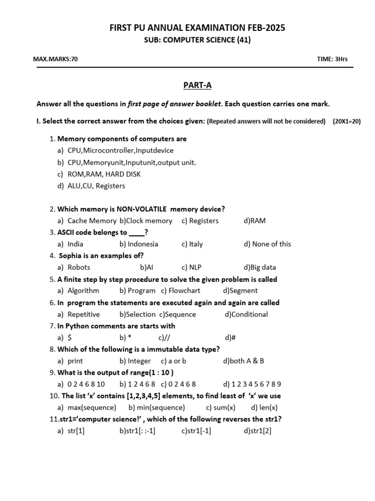 1st PUC Computer Science Exam 2025 | PDF | Computer Data Storage ...
