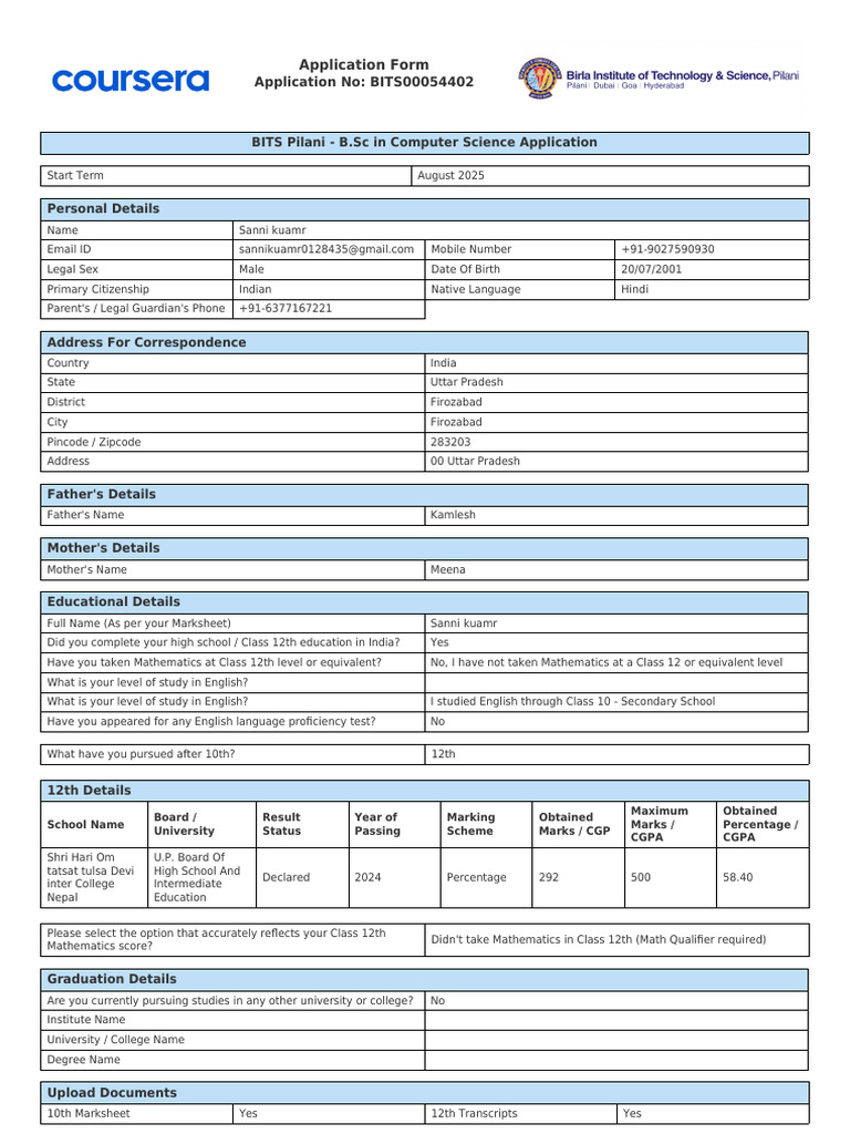 BITS Pilani B.Sc Computer Science Application | PDF