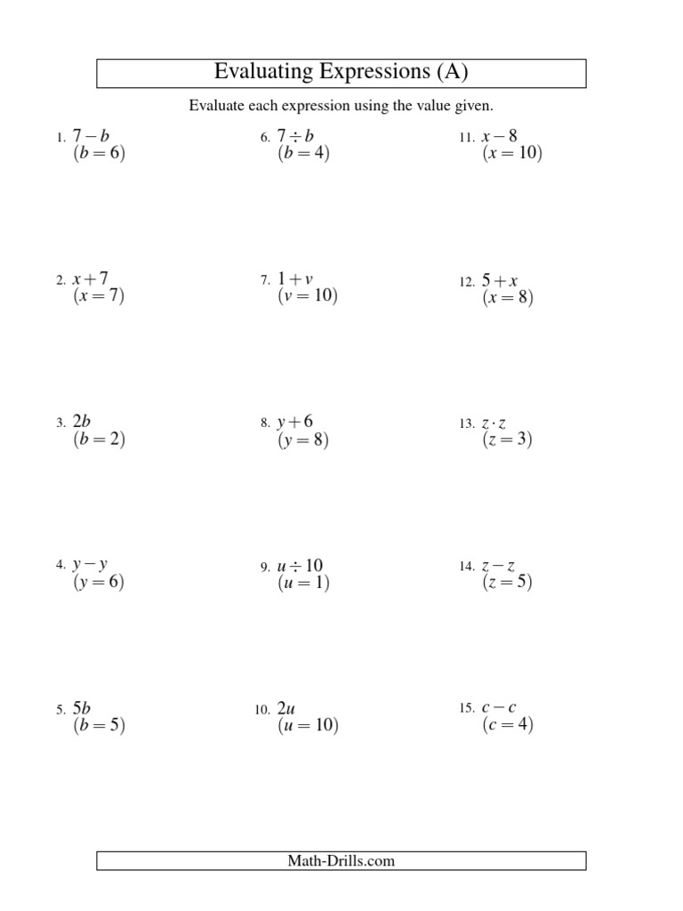 Algebra Evaluating Algebraic Expressions One Variable One Step 001. ...