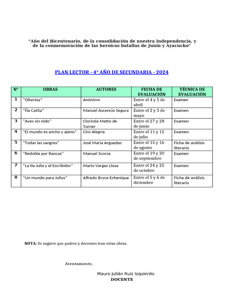 Plan Lector 4° de Secundaria 2024 | PDF