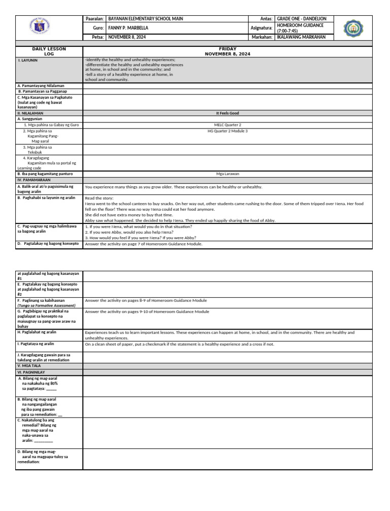 Grade 1 Homeroom Guidance Lesson Plan | PDF