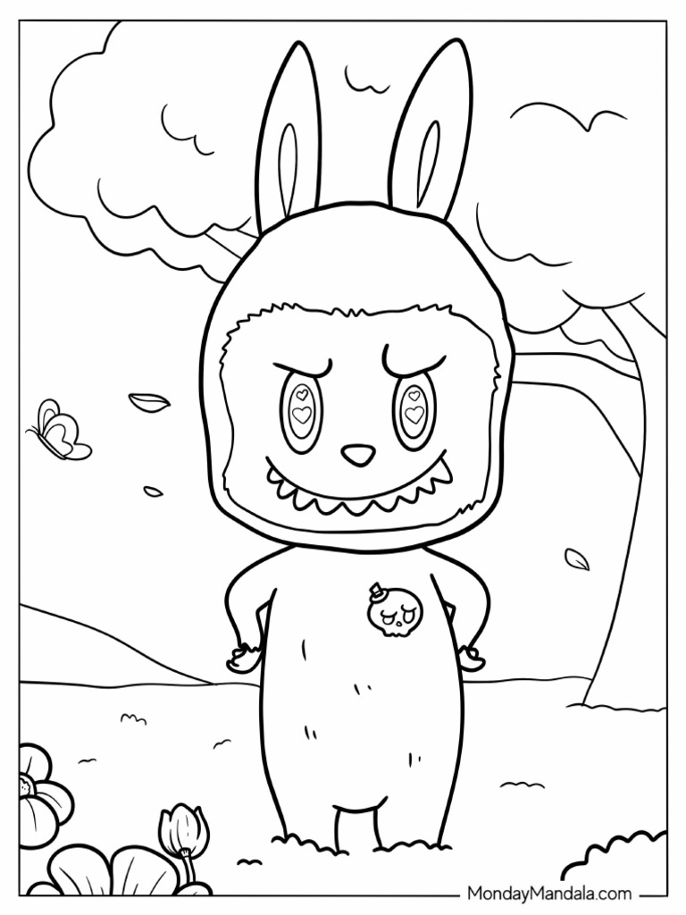 Cute Mega Labubu in Nature Coloring Sheet PDF
