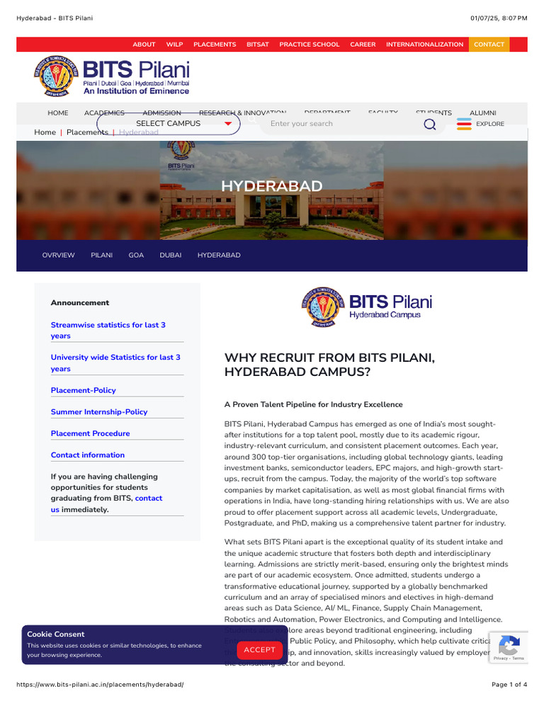 BITS Pilani Hyderabad Placement Overview | PDF