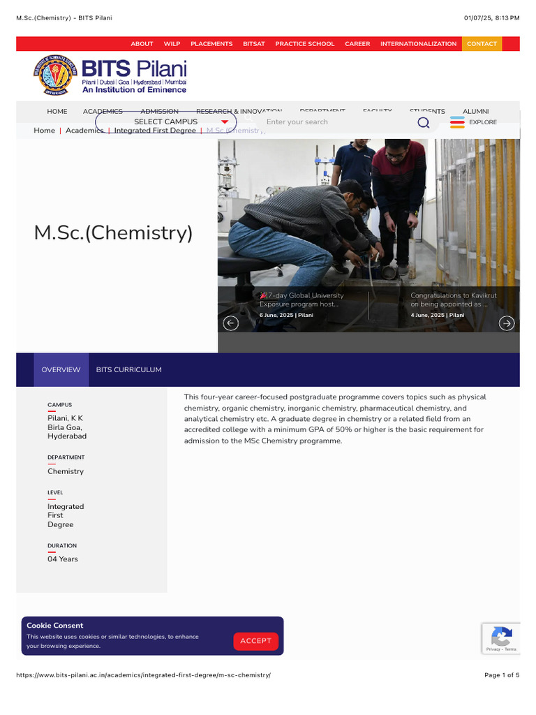 M.Sc. Chemistry Program at BITS Pilani | PDF | Higher Education | Academia