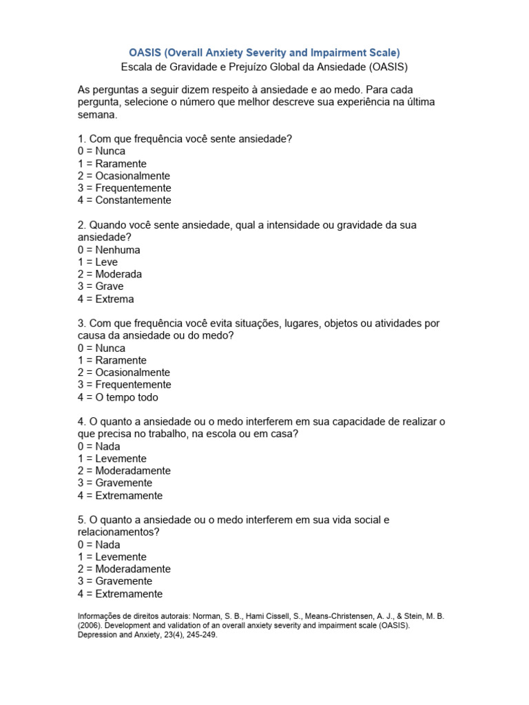 Escala OASIS de Ansiedade e Prejuízo | PDF