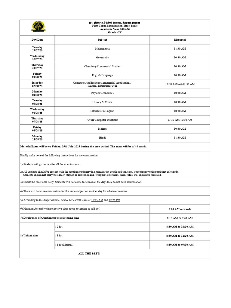 Class 9 First Term Exam Schedule 2025 | PDF