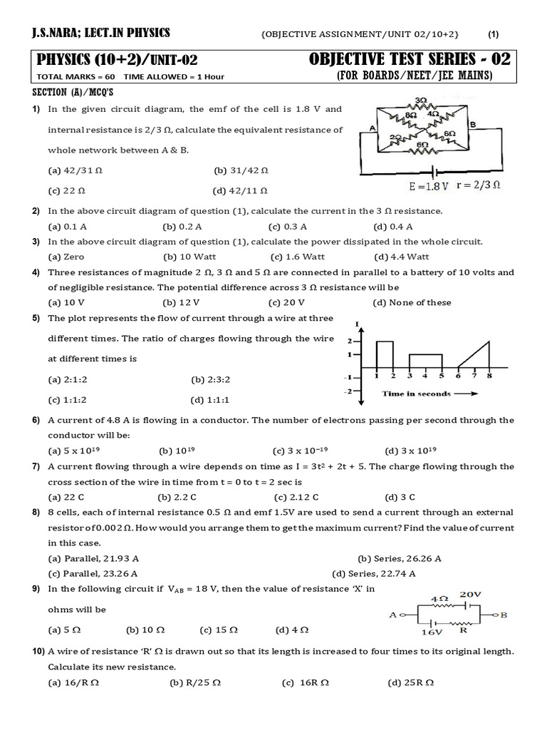 Xii Unit 02 Mcq's Assignment | PDF | Electric Current | Resistor