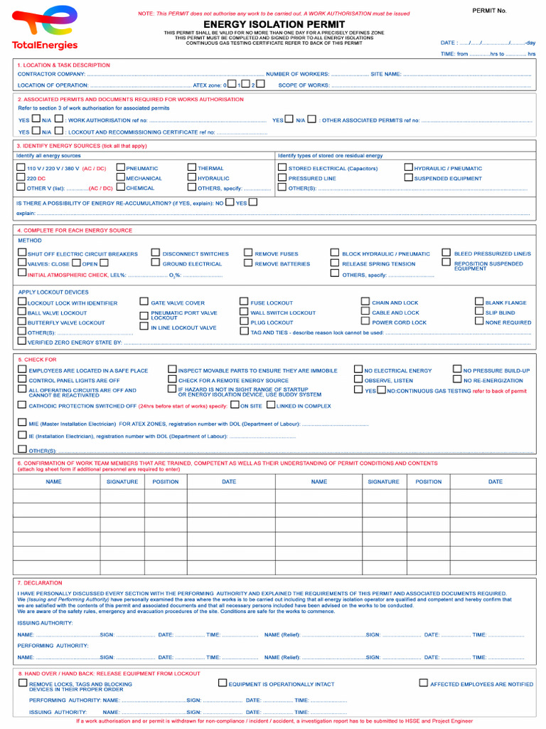 Appendix 8 - Energy Isolation Permit - New | PDF