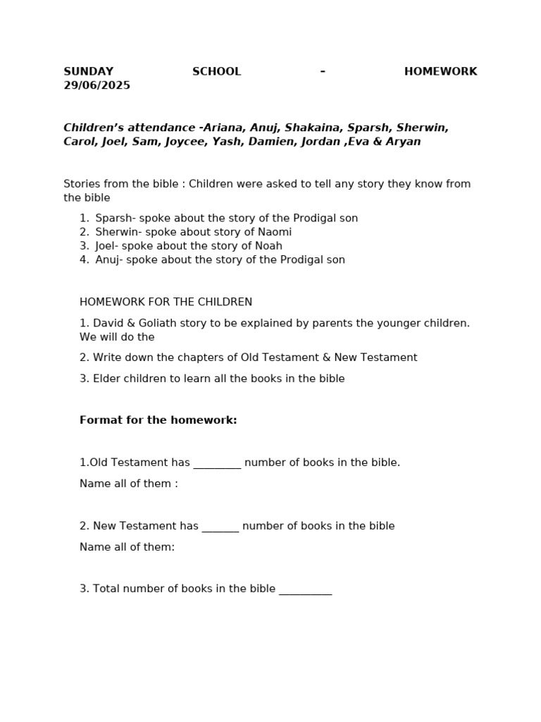 Sunday School Homework - 29th June 25 | PDF
