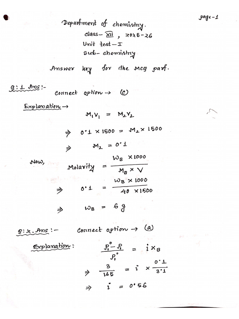 Ans Key (Unit Test-1) Class XII | PDF