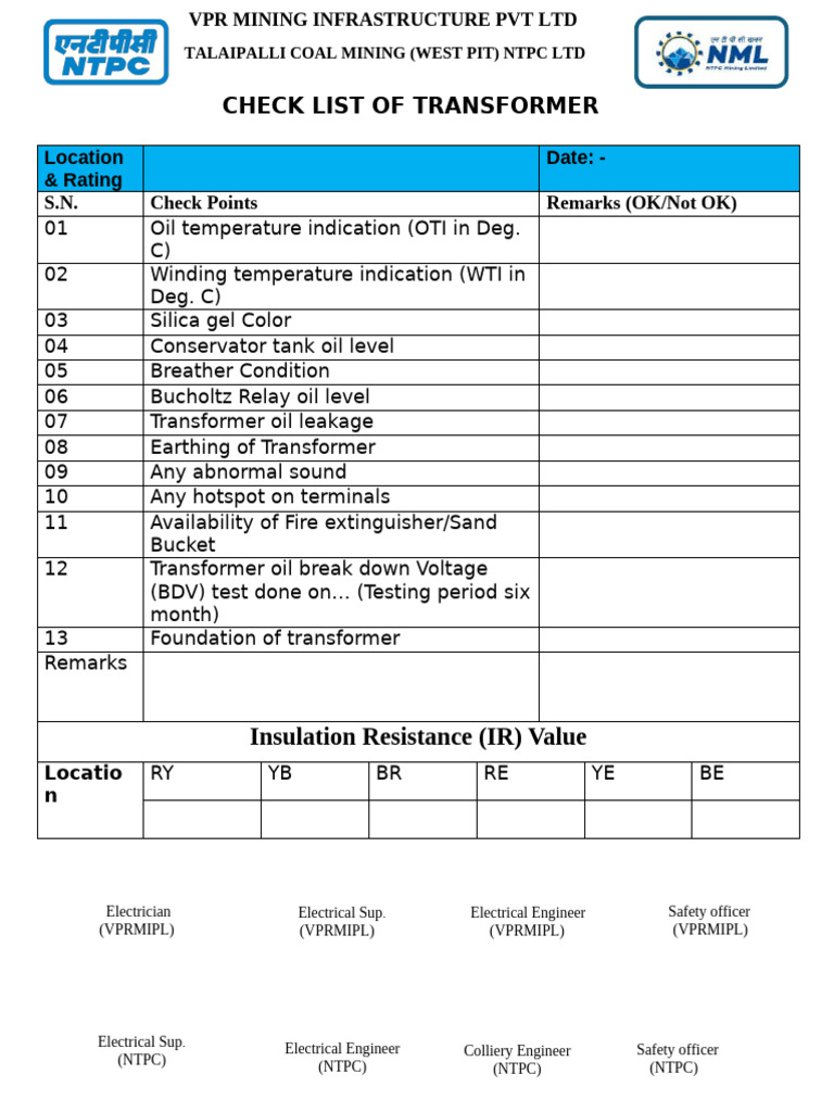 Joint Inspection Checklist for Transformers | PDF | Transformer ...