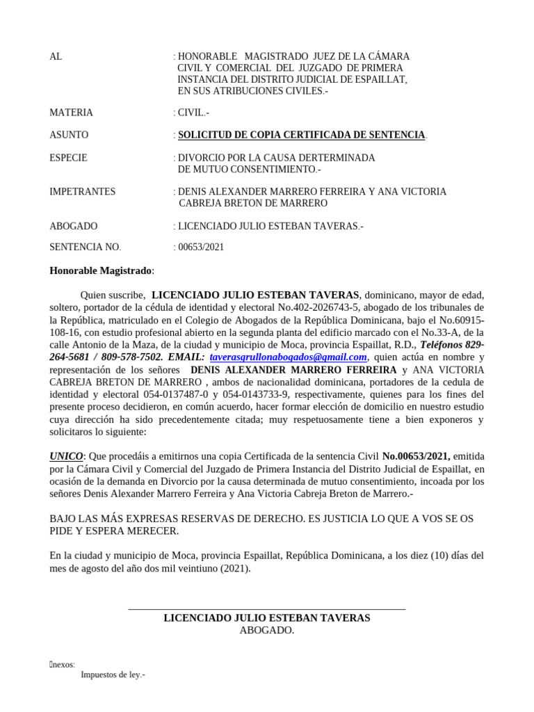 Solicitud de Sentencia | PDF | Divorcio | República Dominicana