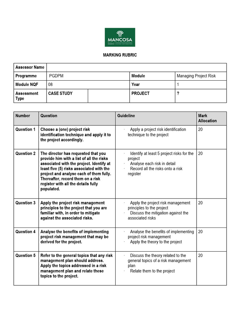 Rubric Proj Jan24 PGDPM Mprk8 Final 20240122133135 | PDF | Risk ...