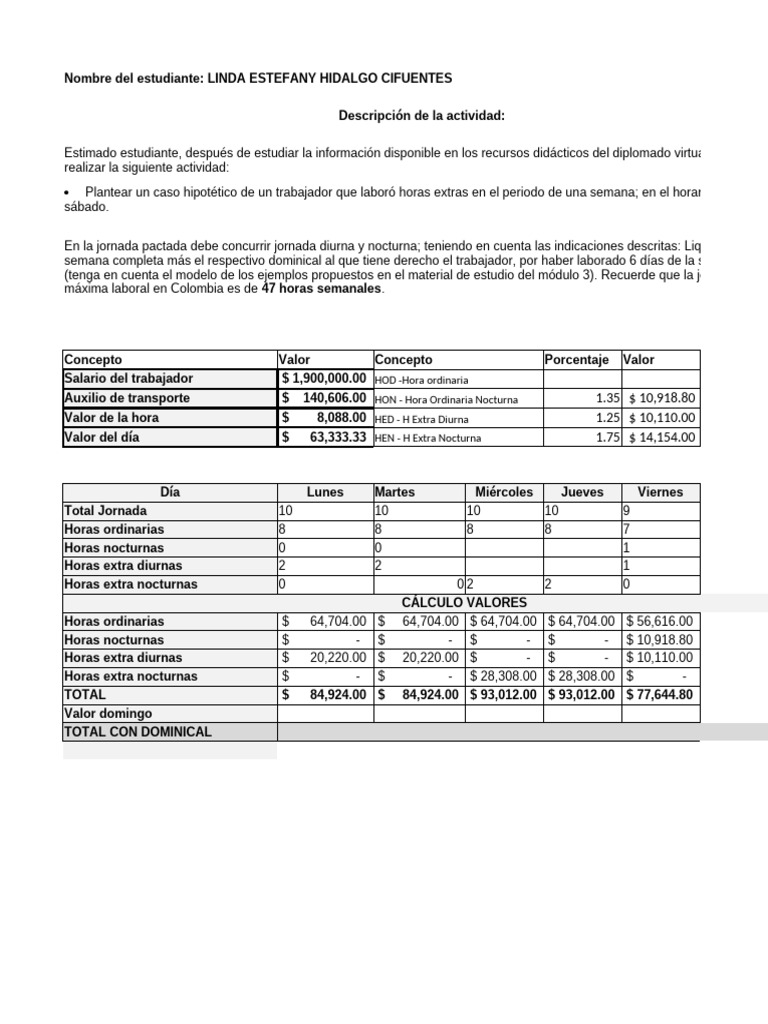 Cálculo de Salario y Horas Extras Laborales | PDF | Tiempo ...