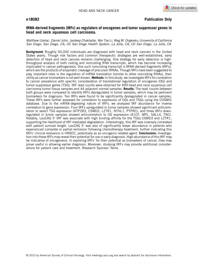 tRNA-Derived Fragments in HNSCC | PDF | Cancer | Head And Neck Cancer