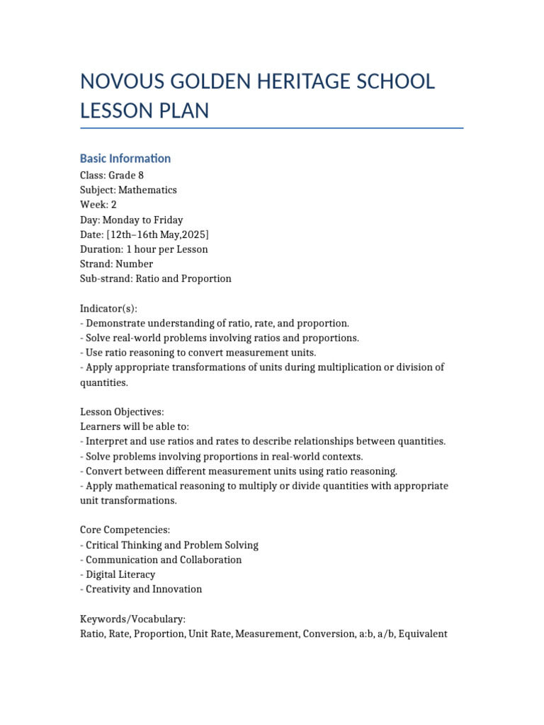 Grade 8 Math Lesson Plan: Ratios & Proportions | PDF | Ratio ...