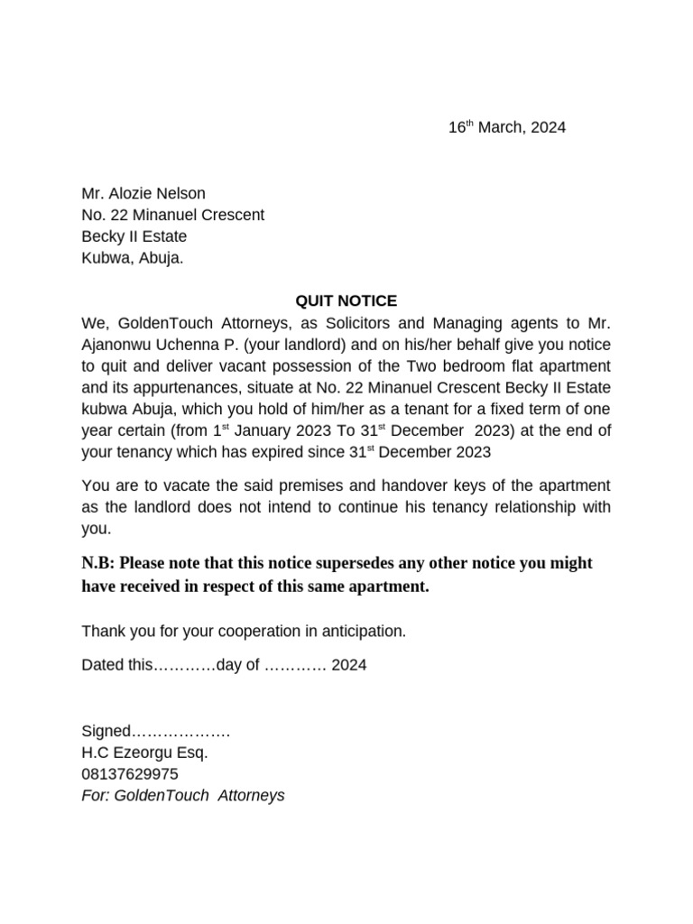 Quit Notice for Tenancy Termination | PDF