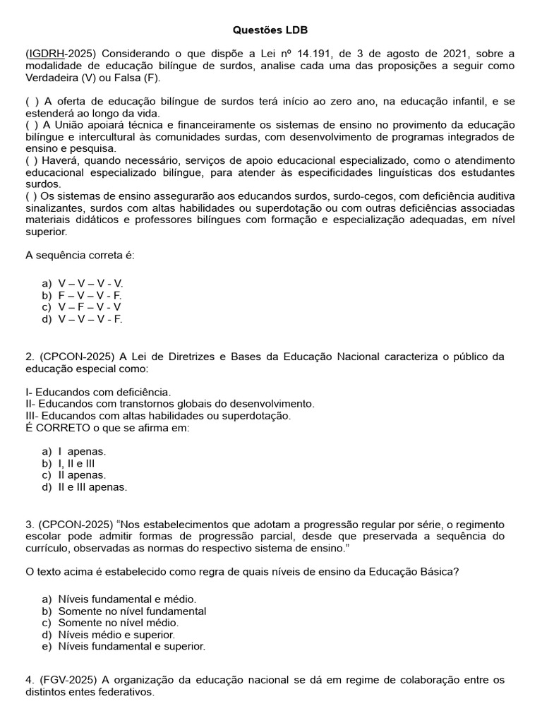 Questões sobre a LDB e Educação Inclusiva | PDF | Pré-escola