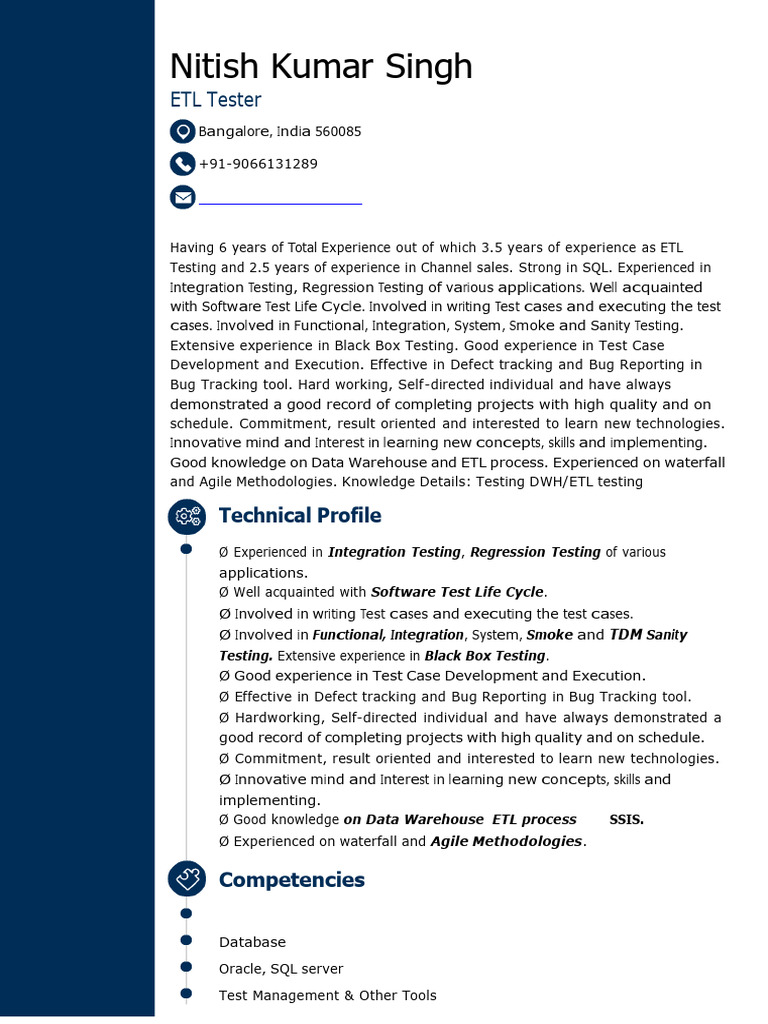 ETL Tester Resume Overview | PDF | Software Testing | Databases