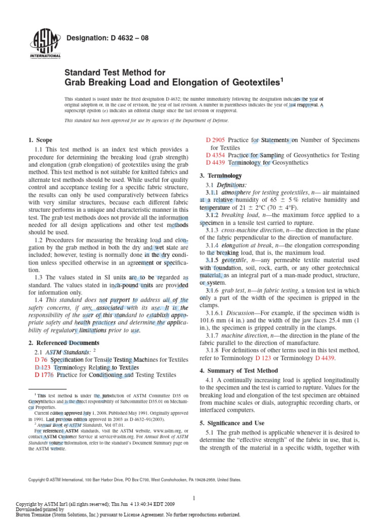 Prueba GRAB ASTM Geotextiles | PDF | Textiles | Sampling (Statistics)
