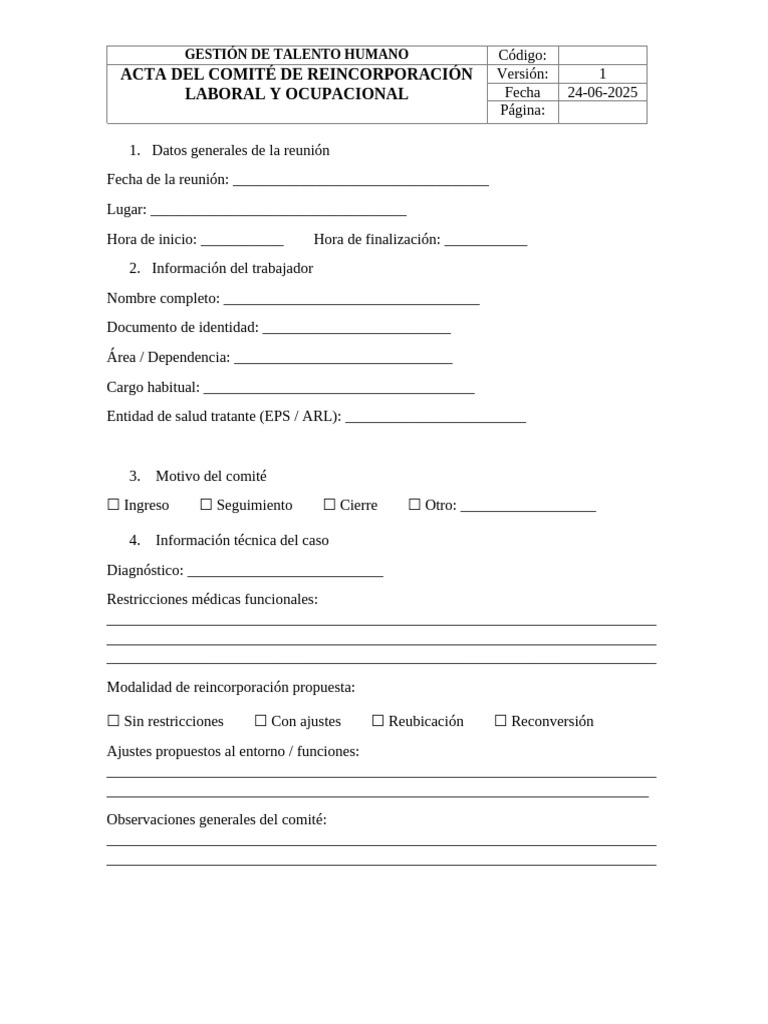 Acta Del Comité de Reincorporación Laboral y Ocupacional | PDF