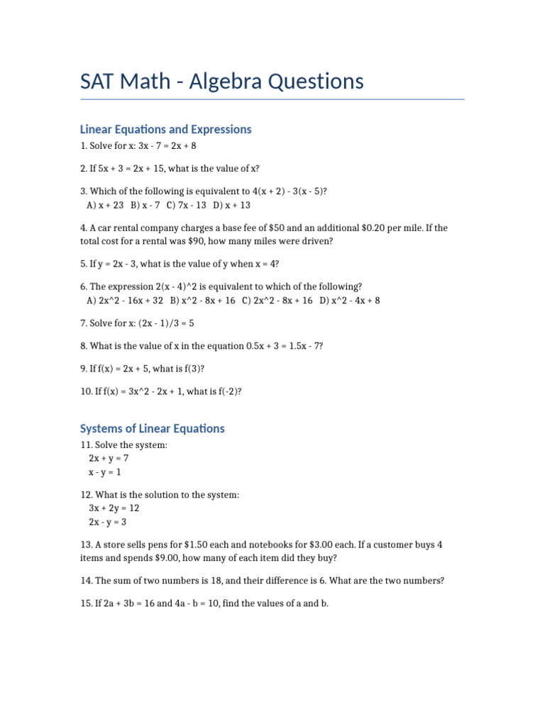 SAT Algebra Questions and Solutions | PDF | Equations | Algebra