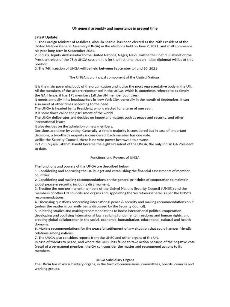 UNGA: Role and Significance Today | PDF | United Nations General ...