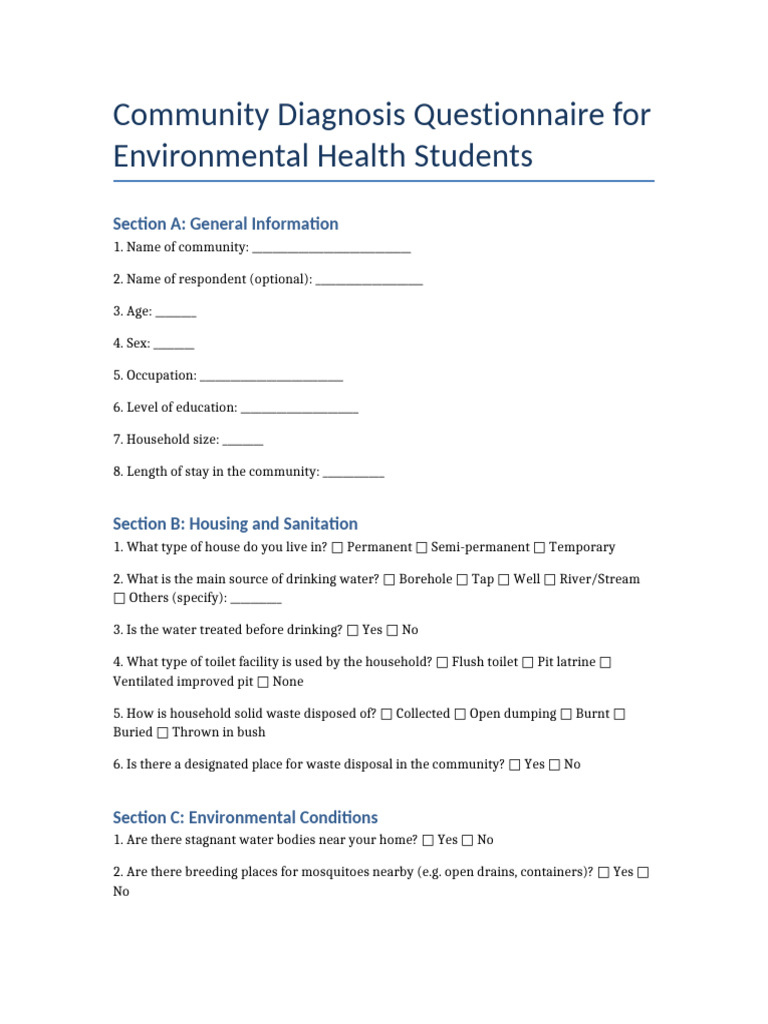 Community Diagnosis Questionnaire Template | PDF | Toilet | Hygiene