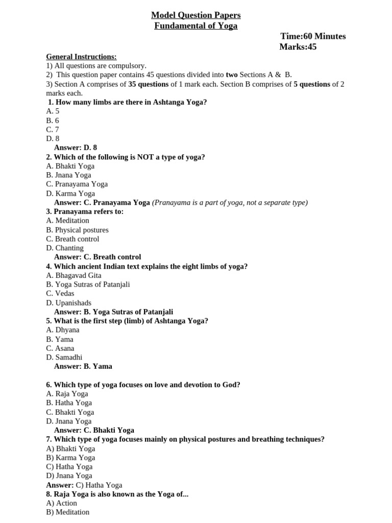 Yoga Model Question Paper Guide | PDF | Yoga | Asana
