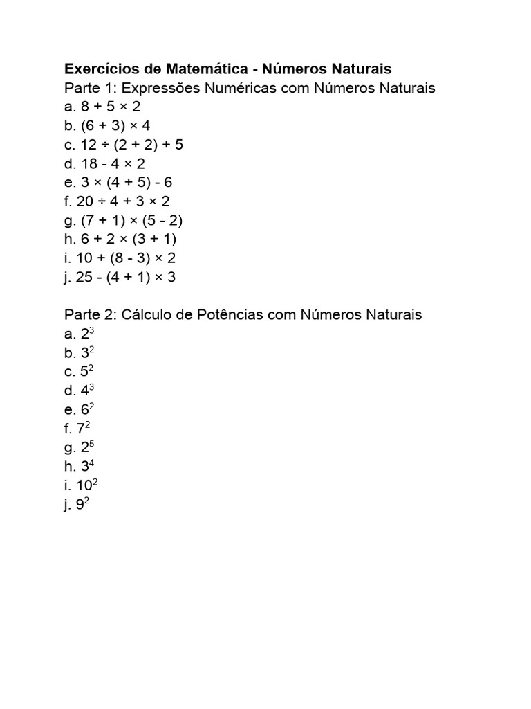 Exercícios de Matemática: Números Naturais | PDF