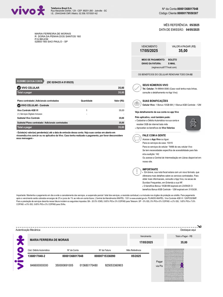 Telefonica Brasil Invoice - May 2025 | PDF