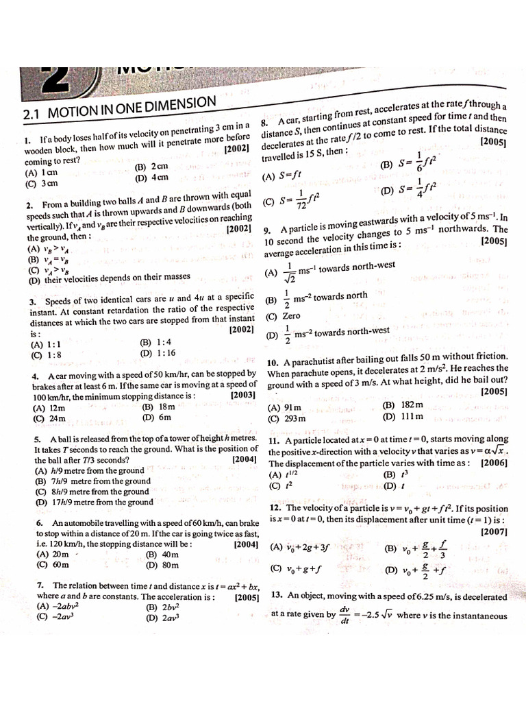 PYQs of One Dimensional Motion | PDF