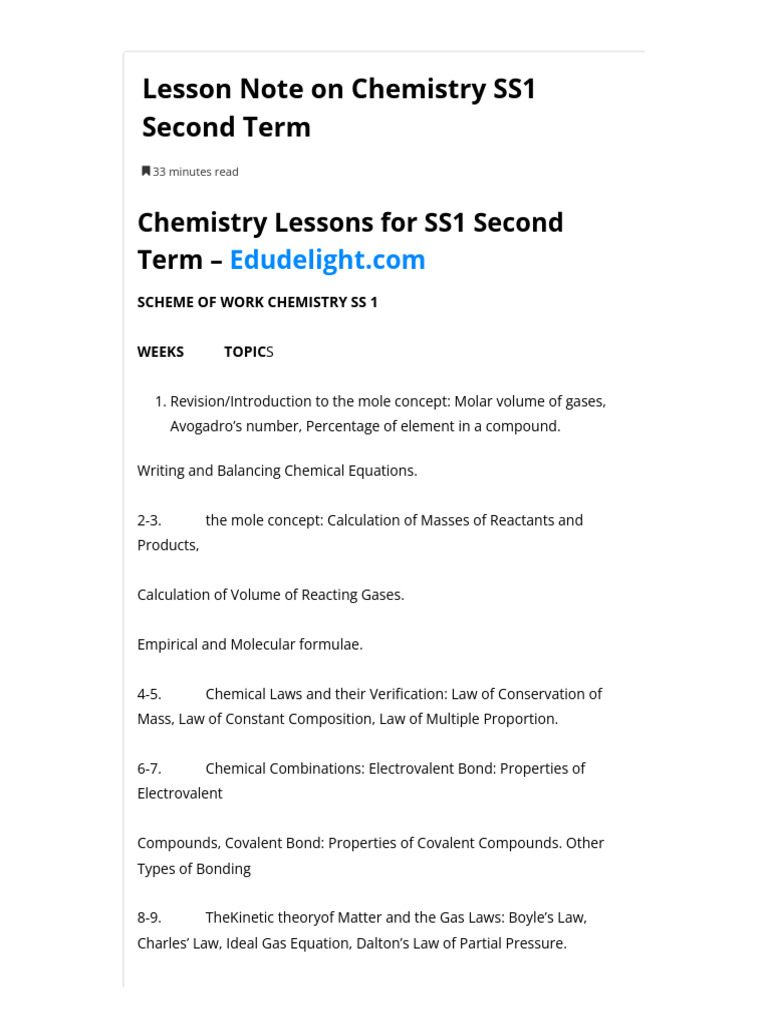 SS1 Chemistry Second Term Overview | PDF | Chemical Bond | Gases