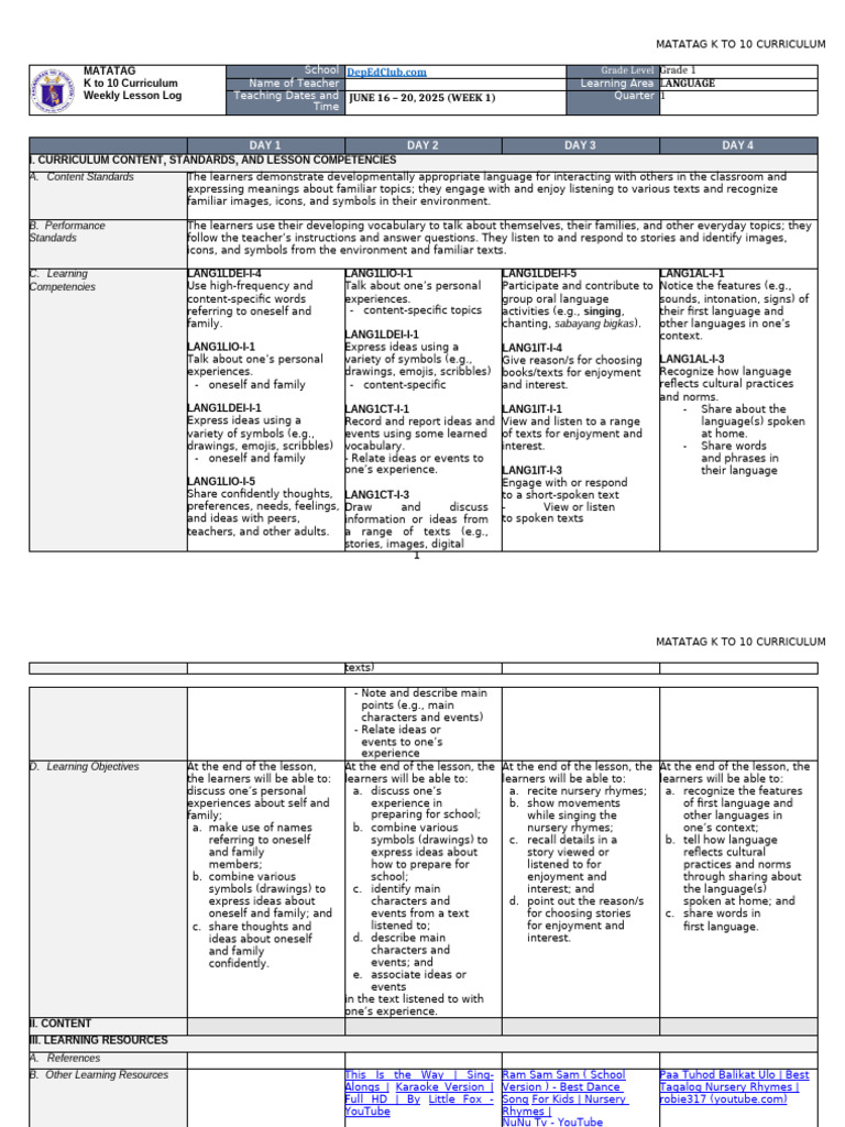 Grade 1 Matatag DLL Quarter 1 Overview | PDF | Vocabulary | Curriculum
