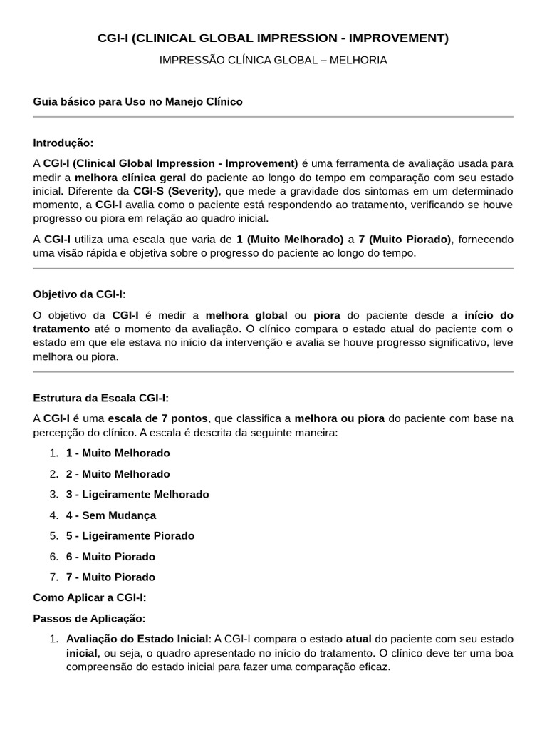 Escala CGI-I: Avaliação de Melhora Clínica | PDF | Depressão | Ansiedade