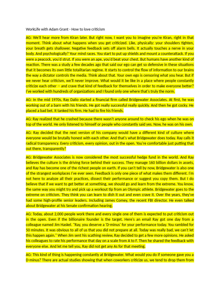WorkLife With Adam Grant - How To Love Criticism | PDF