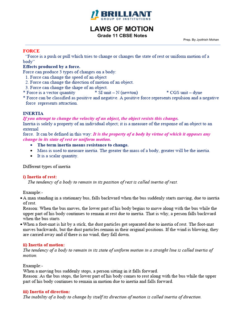 Grade 11 Laws of Motion Notes | PDF | Force | Friction