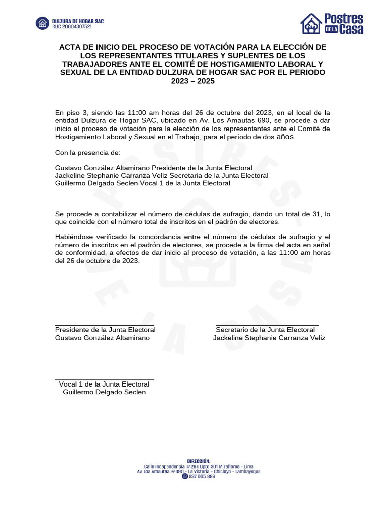 Formato 2 CSST Acta de Inicio de Proceso de Votacion 2023 | PDF