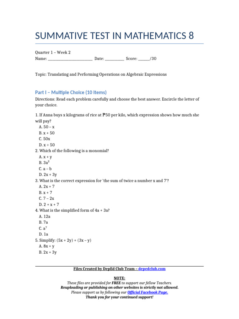 Math 8 Summative Test: Algebraic Expressions | PDF | Polynomial ...