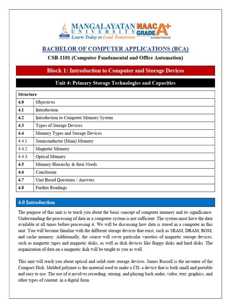 Bca CSB 1101 Block 1 Unit 4 | PDF | Computer Data Storage | Random ...