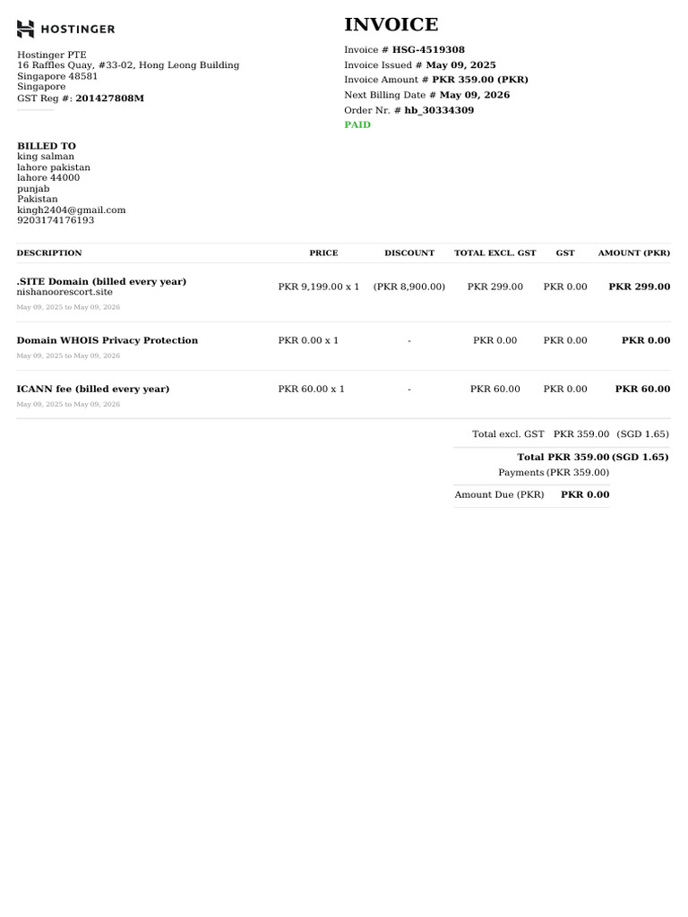 Hostinger Invoice HSG-4519308 Details | PDF