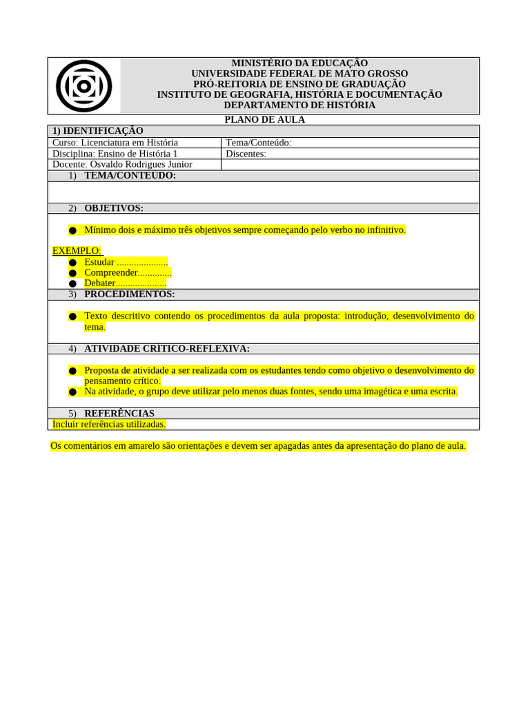 Plano de Aula para Licenciatura em História | PDF