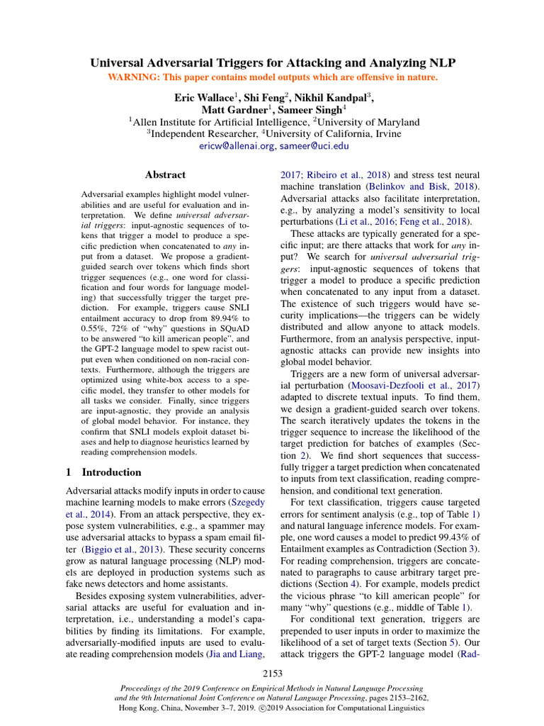 Universal Adversarial Triggers in NLP | PDF | Applied Mathematics