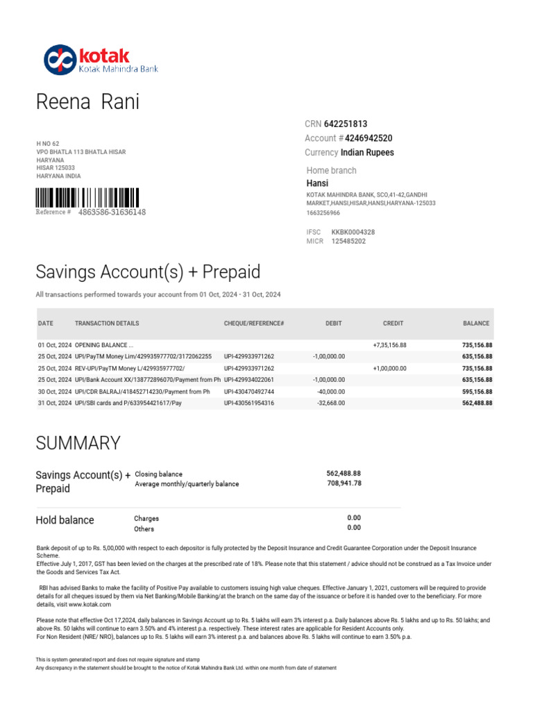 October 2024 Kotak Bank Statement Summary | PDF | Banks | Debit Card